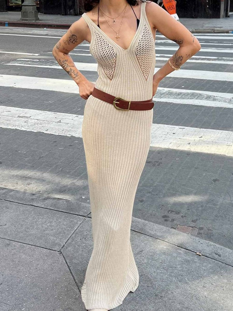 V Neck Hollow Out Knit Slim Fit Midi Dress