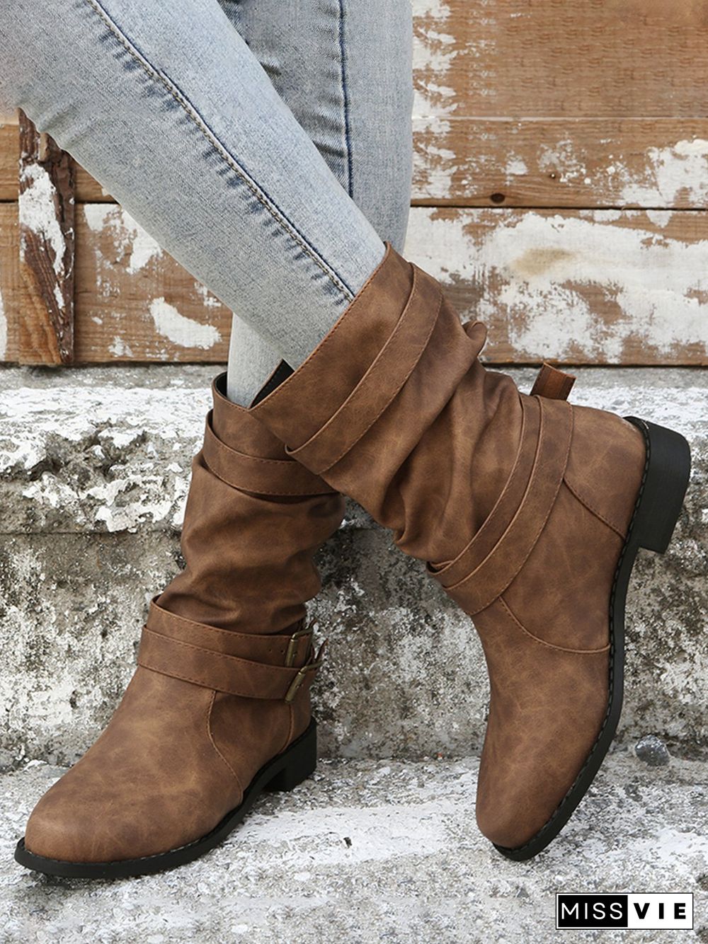 Ruched Buckle Casual Leather Booties