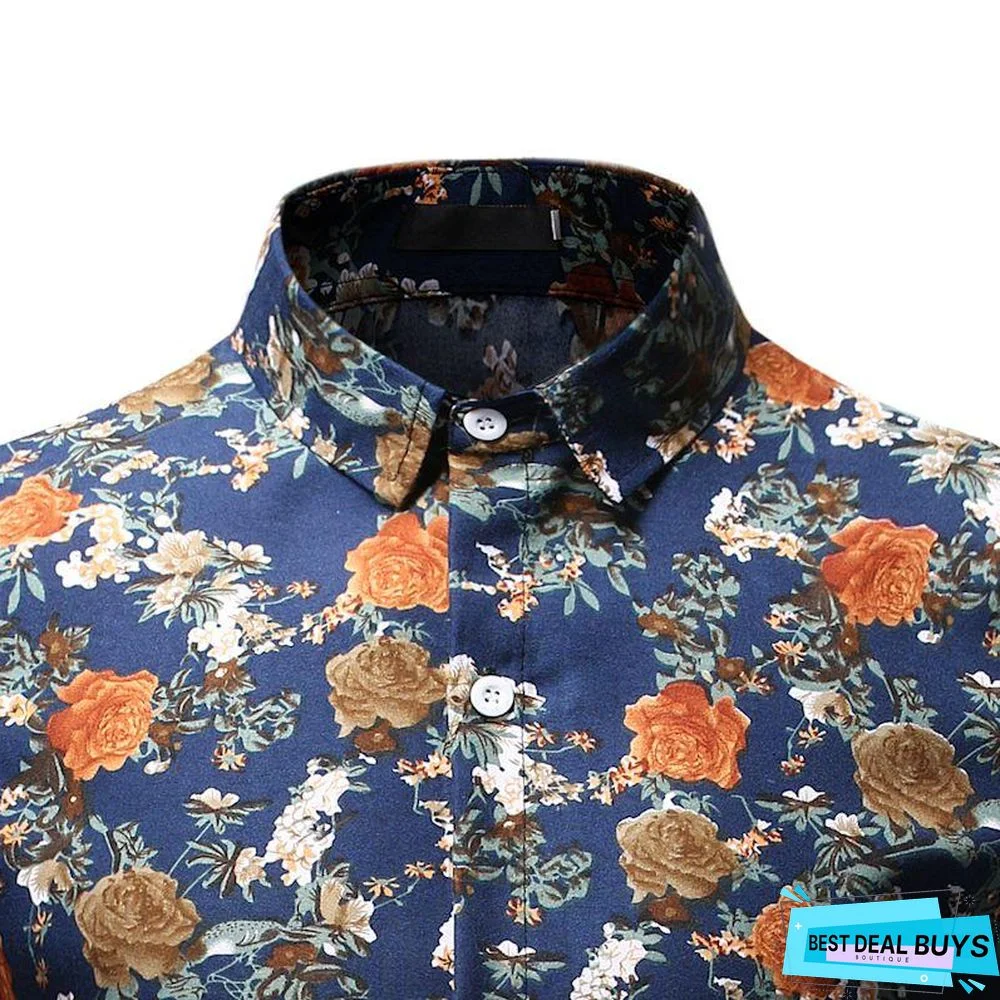 Aliexpress Wish Hong New Style Foreign Trade Men's Wear Fashion Printed Fold-Down Collar Plus-Sized Men's Long-Sleeve Shirt