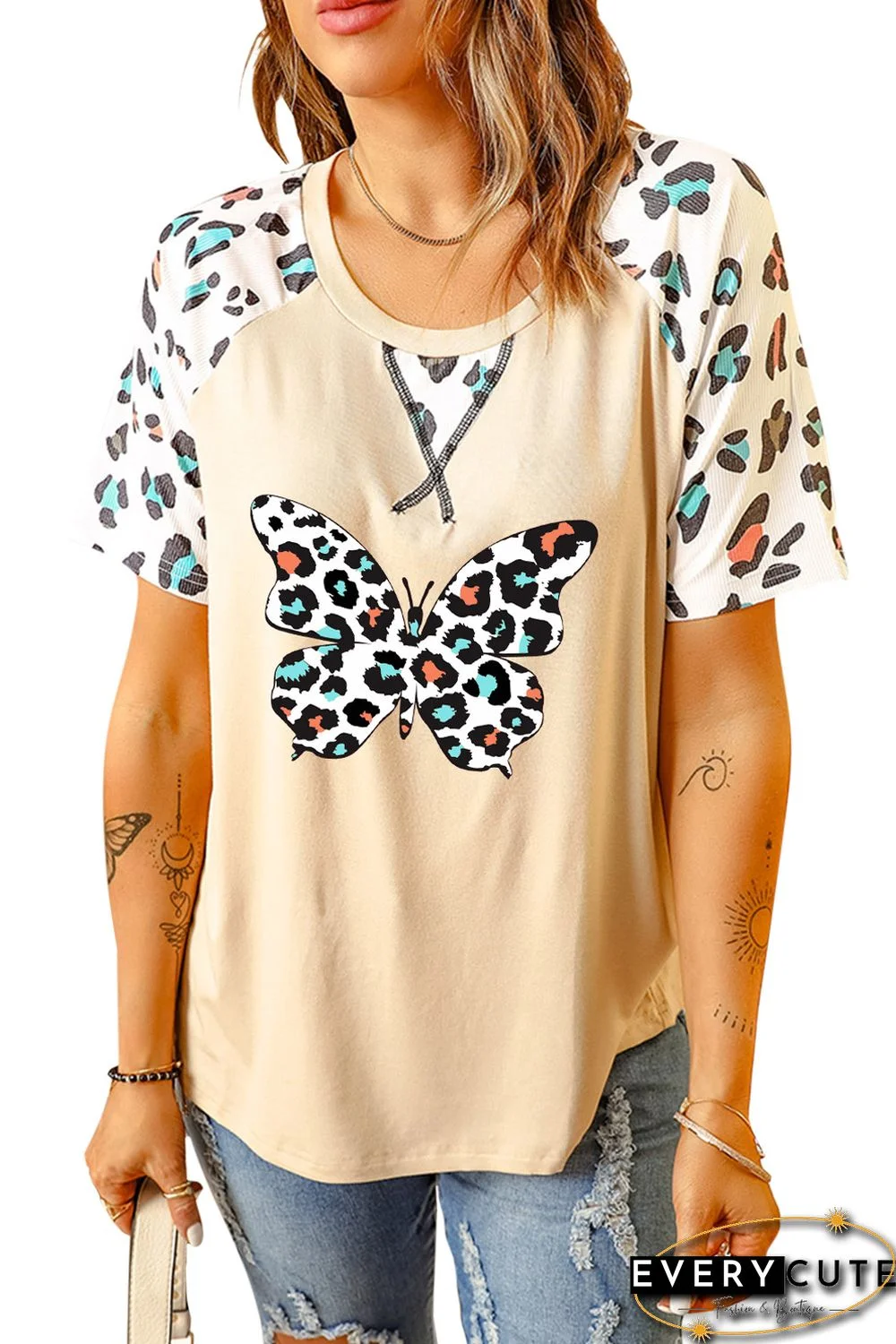 Khaki Leopard Butterfly Color Block Short Sleeve T-shirt