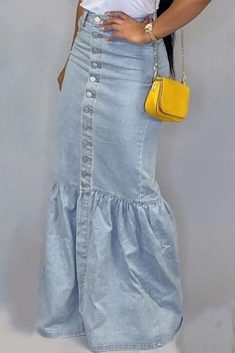 Plus Size Casual Skirt Light Blue Denim Solid Patchwork Buckle Skirt With Pocket 