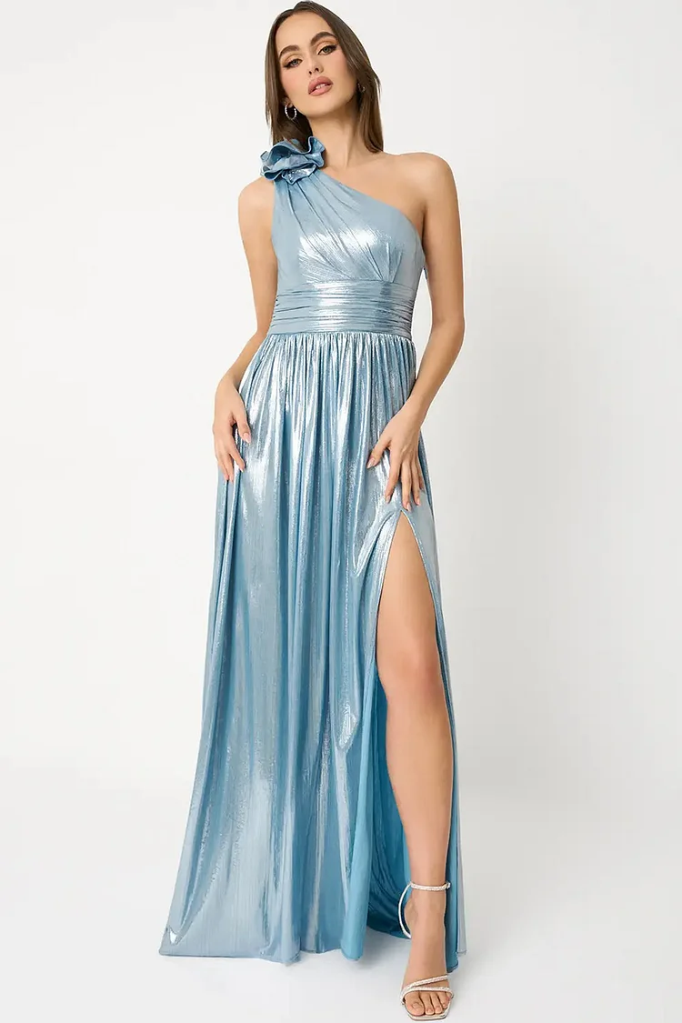 Wedding Guest Sky Blue Metallic One Shoulder Slit Maxi Dress