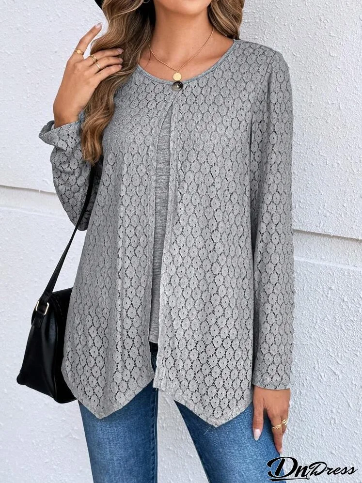 Women's Solid Color Crew Neck Asymmetric Hem Button Casual Long Sleeve Blouse