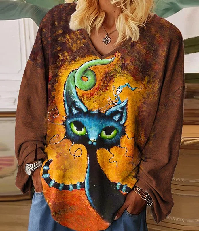 Women Casual Black Cat Design Halloween Blouse