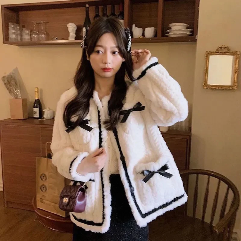 Ueong Sweet Faux Lamb Wool Coat Women Thick Bow Patchwork Jacket Winter Vintage Korean Elegant Faux Fur Casual Outerwear Tops