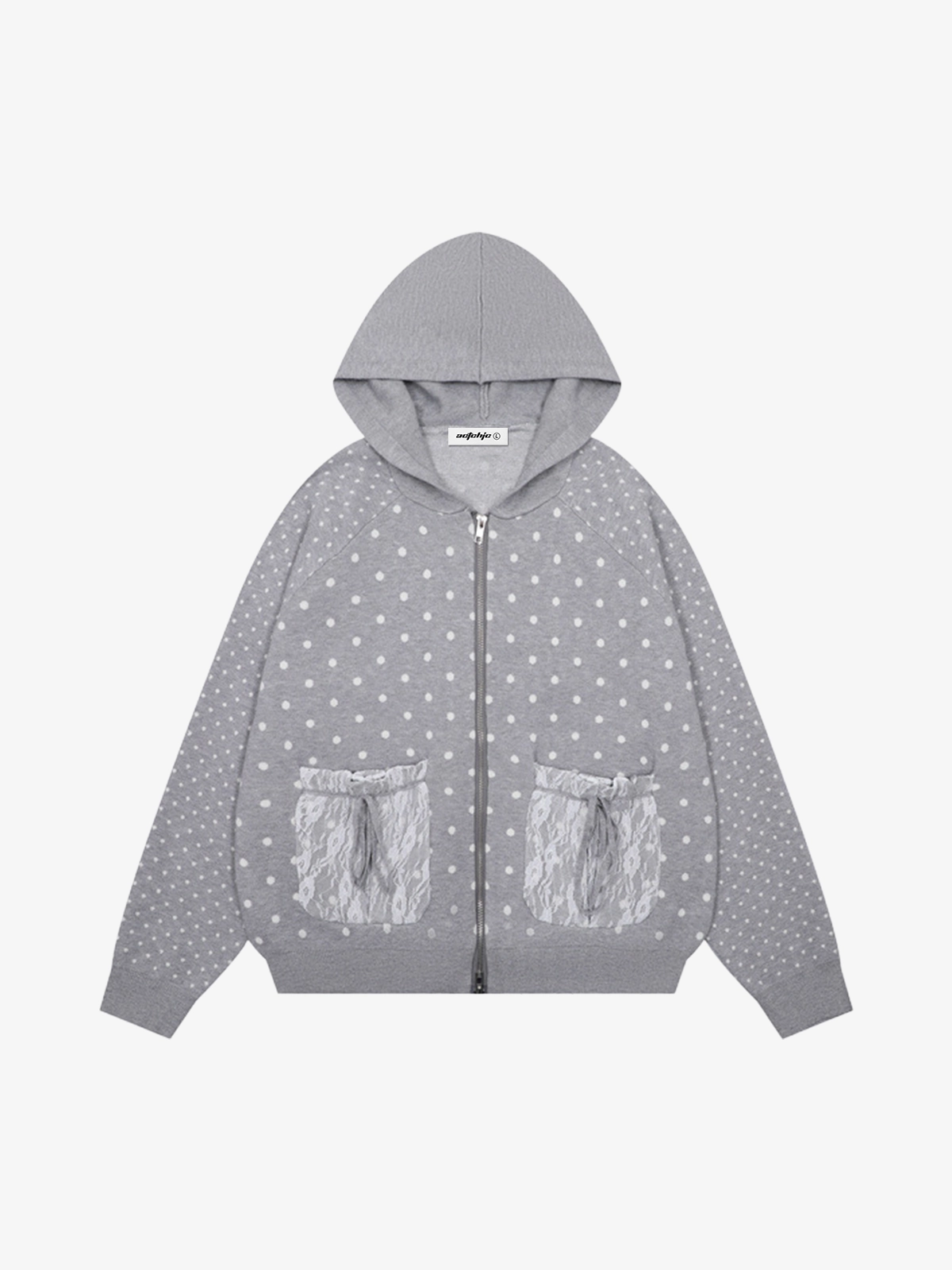 Grey Actchic Polka Dot Lace Pocket Zip Up Hoodie Front