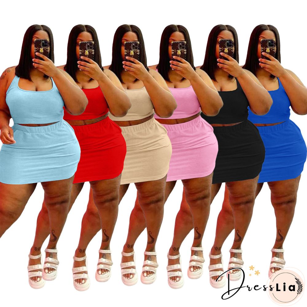 Plus Size Summer Solid Women Square Neck Sleeveless Crop Top+Elastic Waist Mini Skirt 2 Piece Set