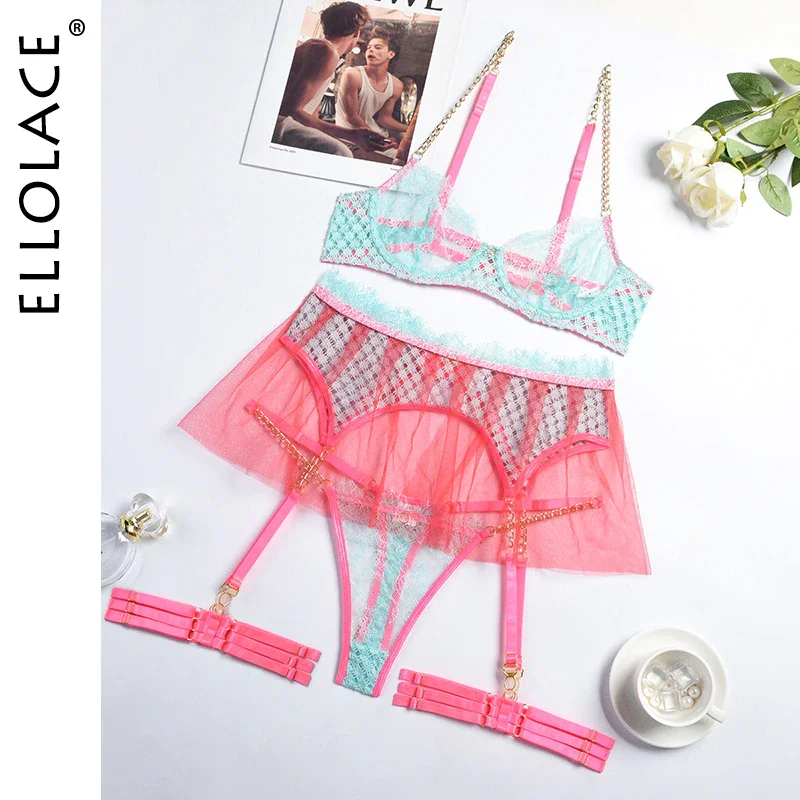 Billionm Lingerie For Women Ruffles Garters 4-Pieces Transparent Bra Briefs Sexy Patchwork Underwear Delicate Intimo Exotic Sets