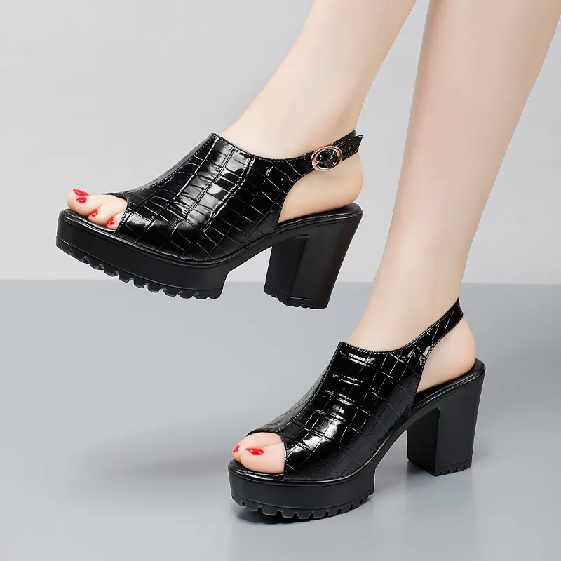 Breakj Breakj Mouth Patent Leather Crocodile High Heel Sandals Summer White Wedding Shoes Waterproof Table Thick Cheongsam Walking Shoes Coarse Heel Women's Shoes