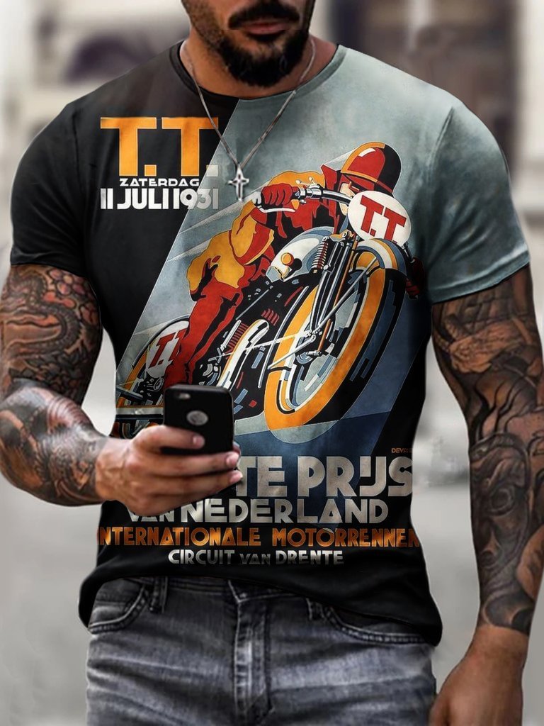 Mens retro tt contrast motorcycle print T-shirt