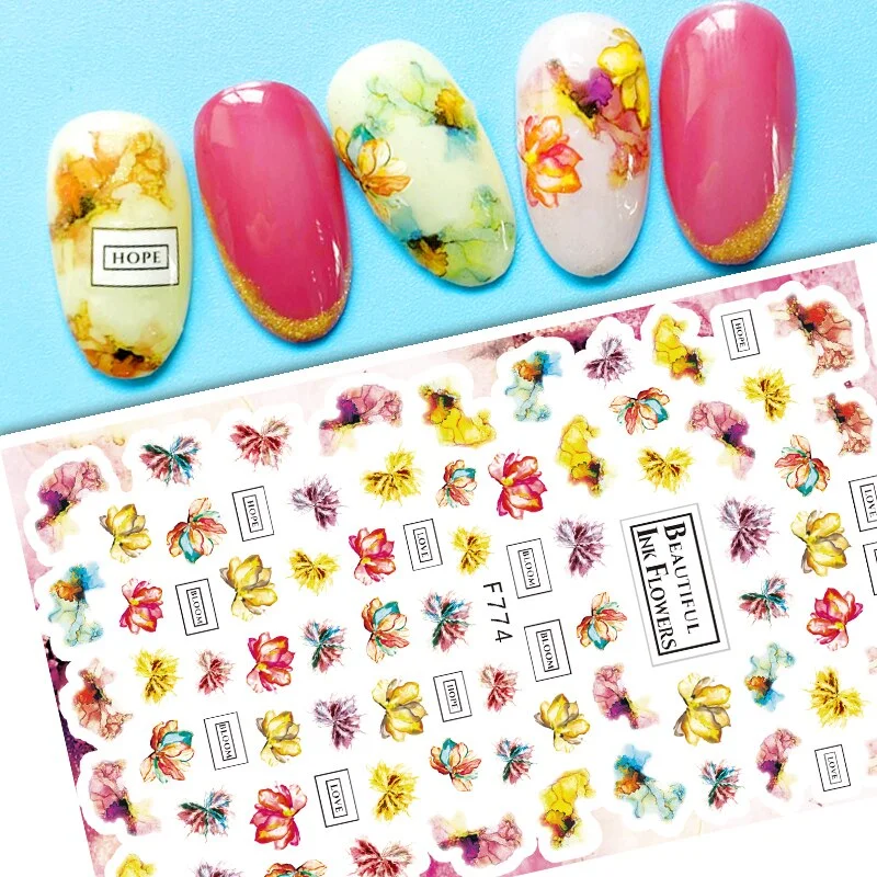 Geometric Lines Flower Leaf 3D Nail Stickers Blue Gold Cool Fall Leaves Spring Transfer Slider Nail Art Decoration Manicures-Nail Inspo