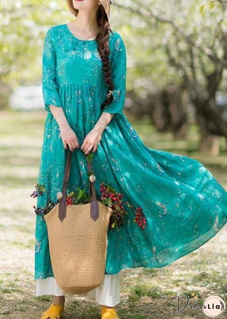 Women Green Print dresses O-Neck Patchwork A Line Spring Dresses