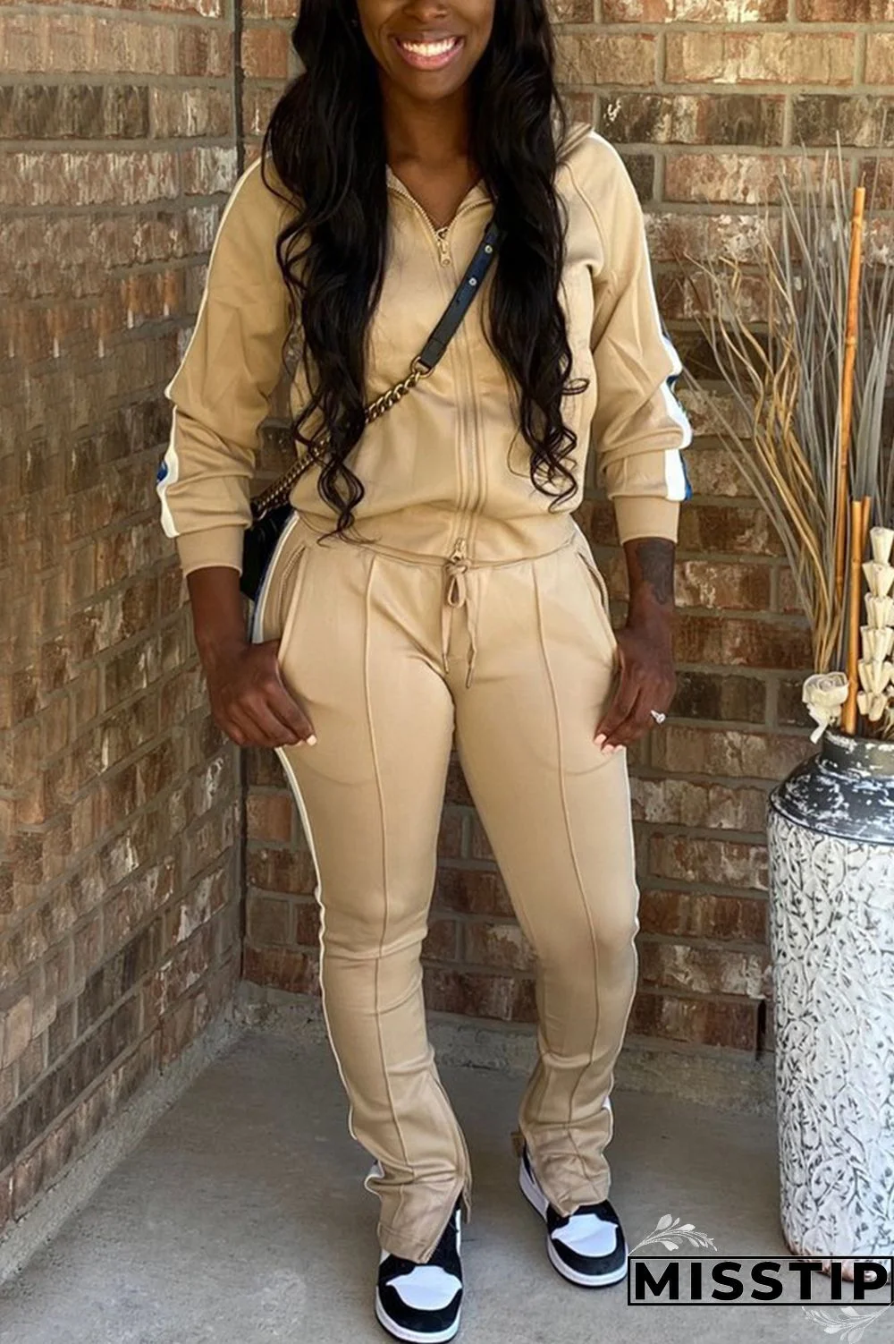 Khaki Fashion Casual Patchwork Patchwork Zipper Collar Long Sleeve Two Pieces