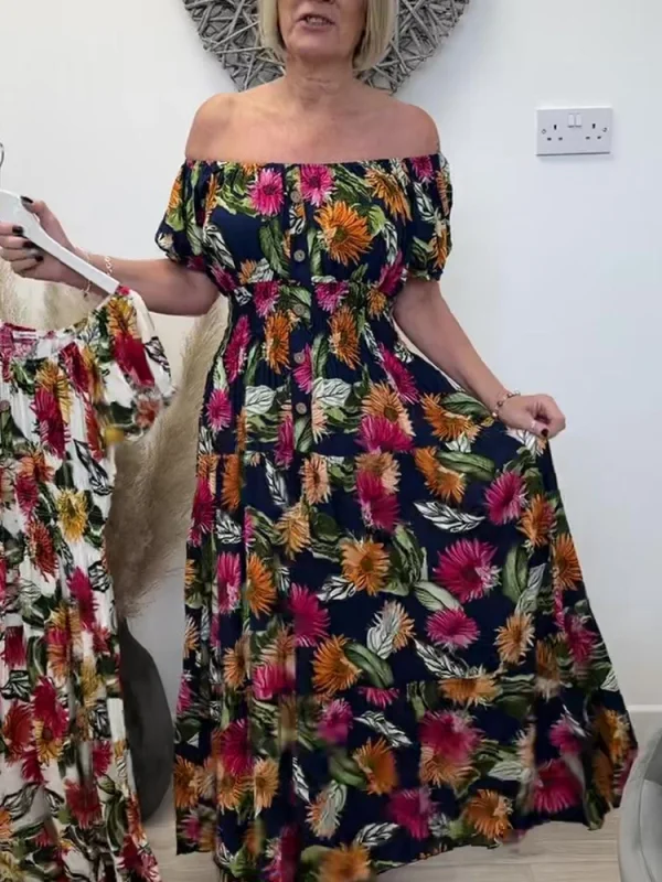 Casual floral print elastic waist up dress