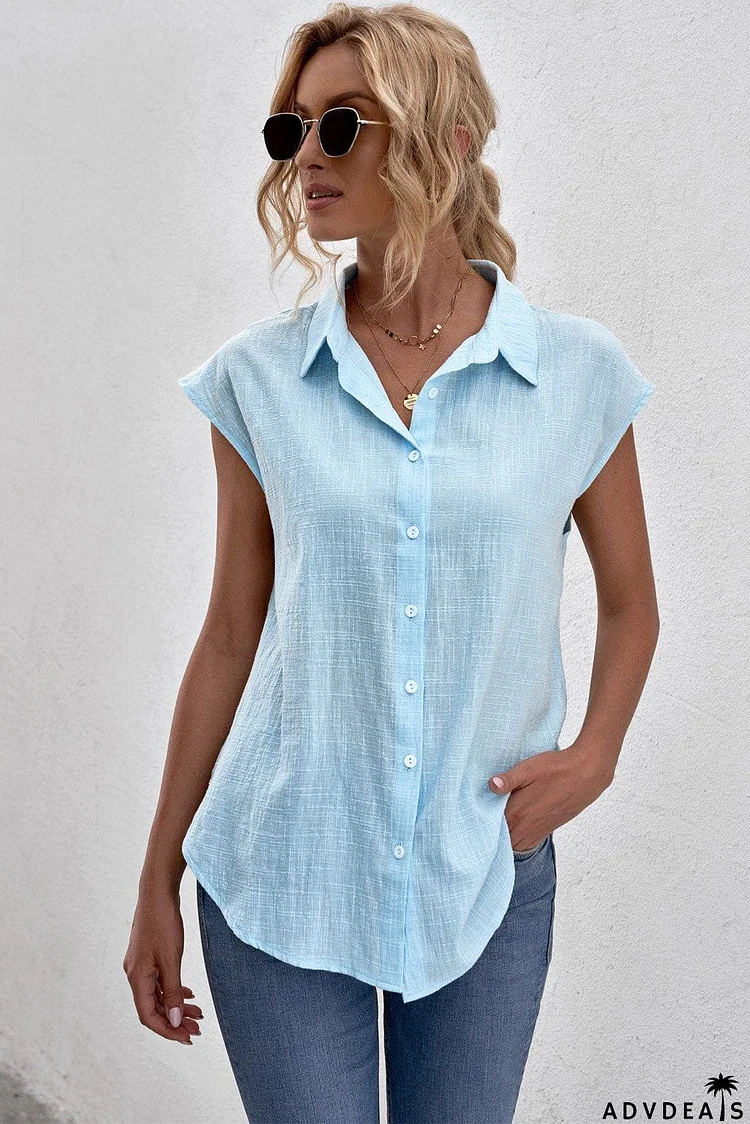 Sky Blue Turn-down Collar Button Front Sleeveless Shirt