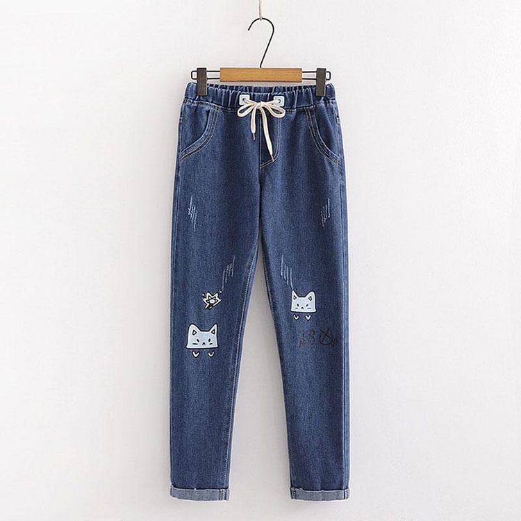Cat Embroidery Elastic Waist Straight Denim Jeans - Modakawa Modakawa