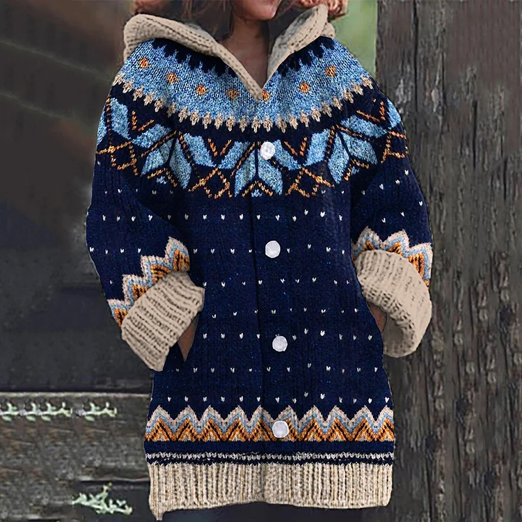 Utbros Vintage Icelandic Ethnic Print Long Sleeve Knitted Hooded Cardigan