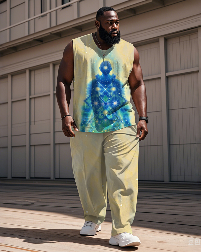 Men's Plus Size Street Fashion Yellow Tie-dye Abstract Figure Print Vest Trousers Suit