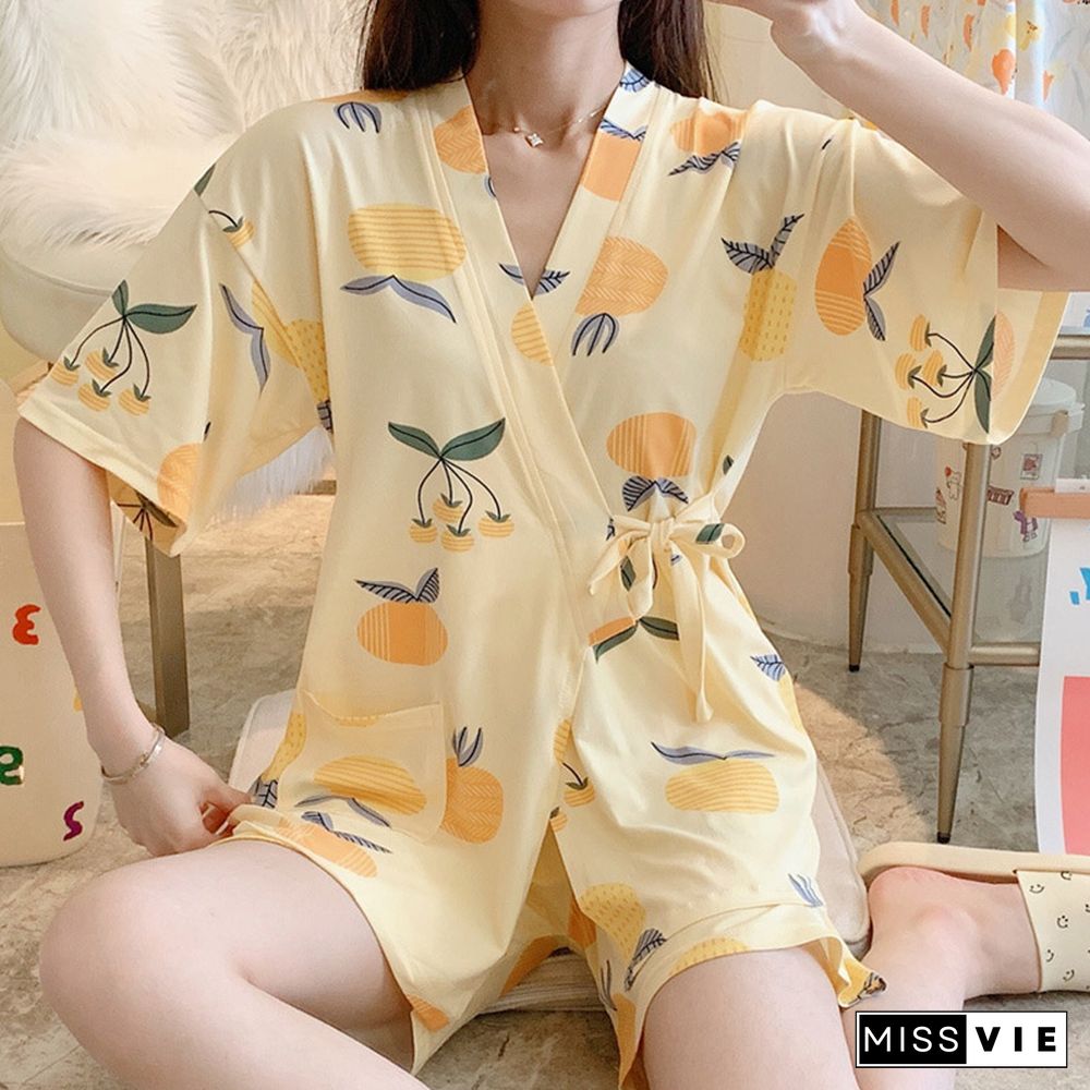 Floral Print Kimono Lace Up Pajamas Set