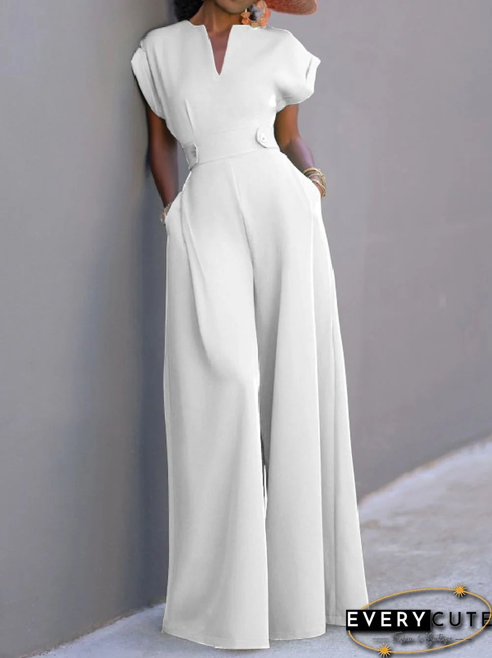 Urban Cap Sleeve Solid Color Wide Leg Jumpsuits