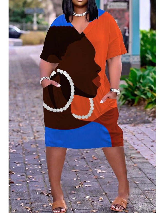 3D printed loose plus size v-neck mid-sleeve dress