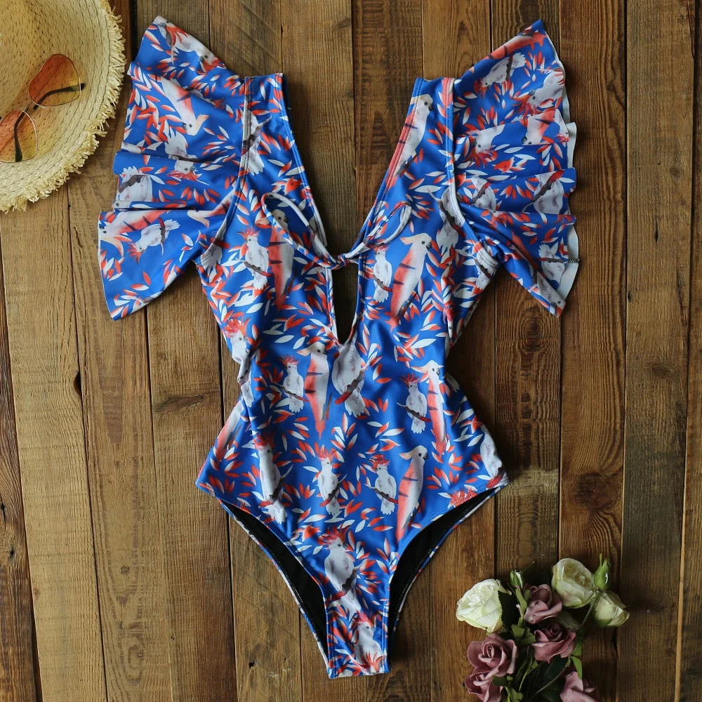 2022 New Ruffle One Piece Swimsuit Off The Shoulder Swimwear Women Deep-V Bathing Suit Bodysuit Beach Wear Swim Suit Monokini