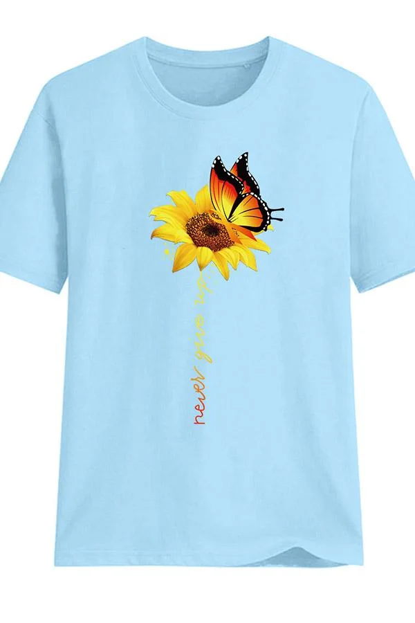 Casual Round Collar Butterfly Sun Flower Short Sleeve T-Shirt
