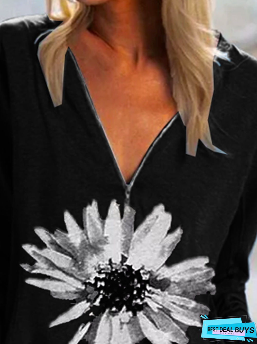 Casual Floral V Neck Loose Tunic Sweatshirt