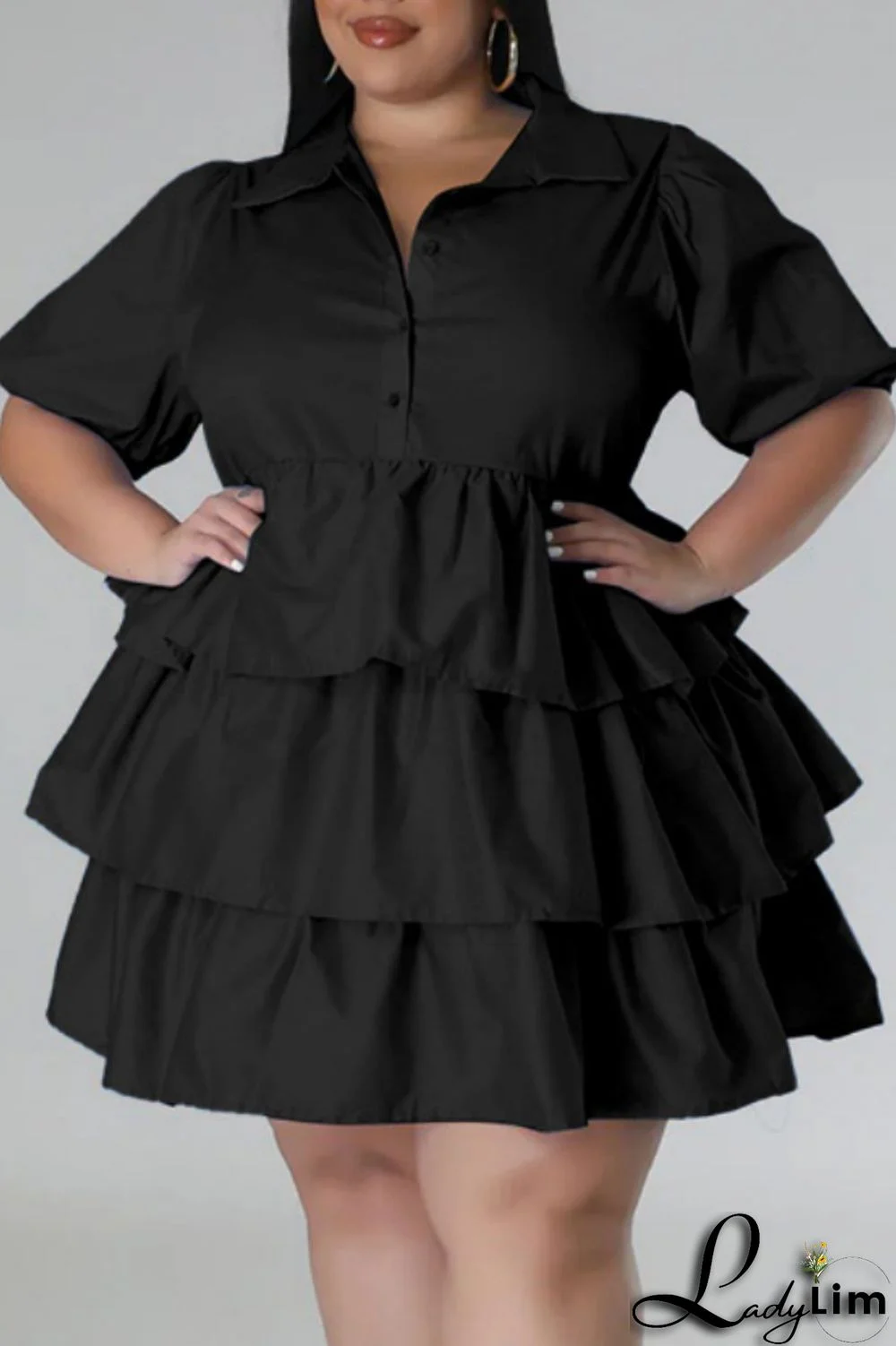 Black Casual Solid Patchwork Turndown Collar Cake Skirt Plus Size Dresses