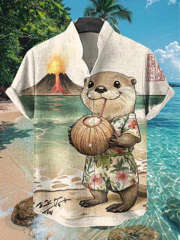 Men's Cute Otter Drinking Coconut Juice Print Short Sleeve Shirt