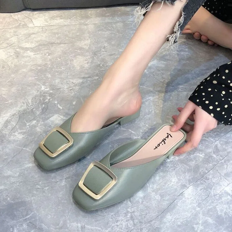 Women's Low Heel Ladies Summer Sexy Square Toe Button Slippers Slip on Leisure Woman Shoes Fashion Feminine Slippers Mules Shoes
