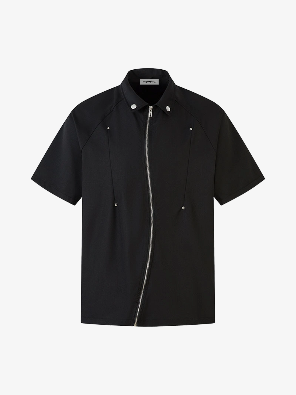 Black Act Chic Studded Irregular Zip Short Sleeve Shirt Front