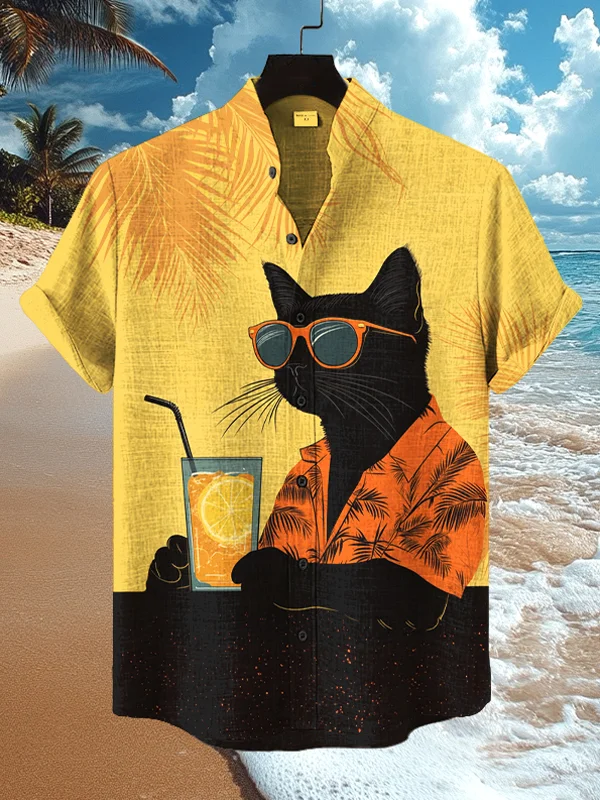 Men's Black Cat Vacations Art Print Casual Shirt