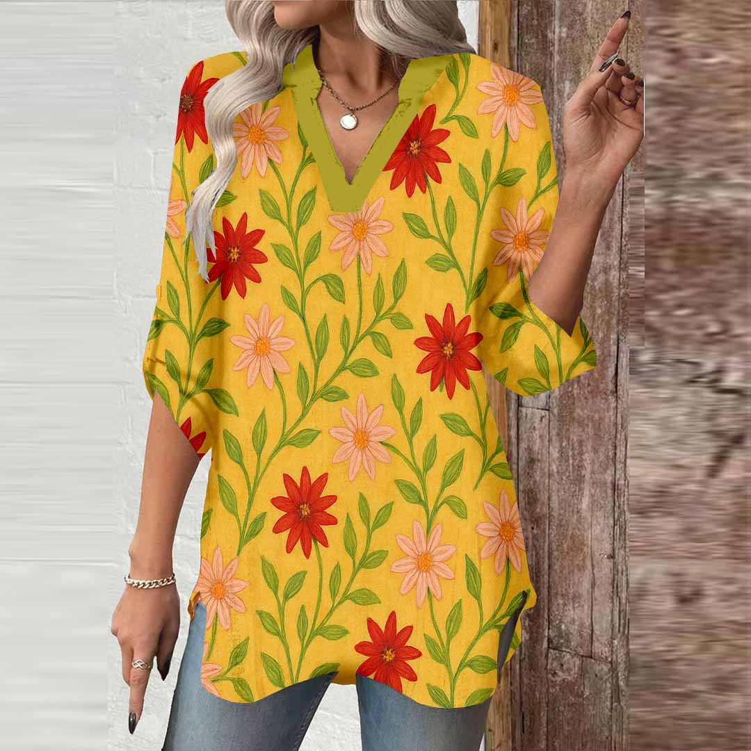Women Floral, Orange, Red DZGA0216 3/4 Sleeve V-neck Printed Graphic Button Tops
