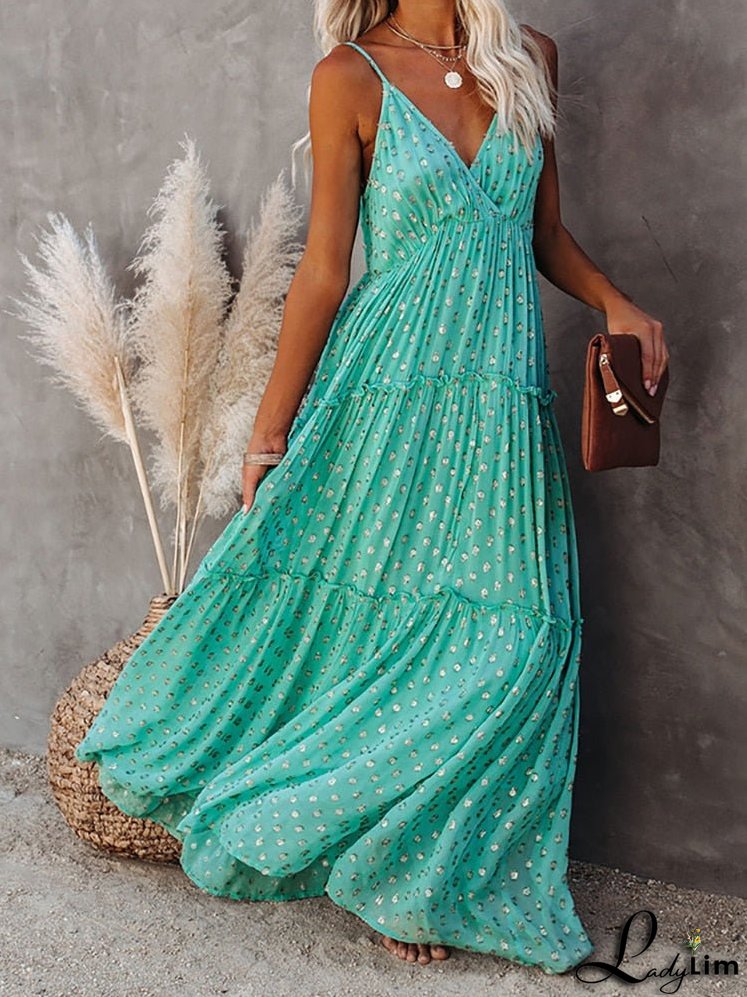 Women Spaghetti Strap Summer Floor Length Boho Sleeveless V Neck Long Dress