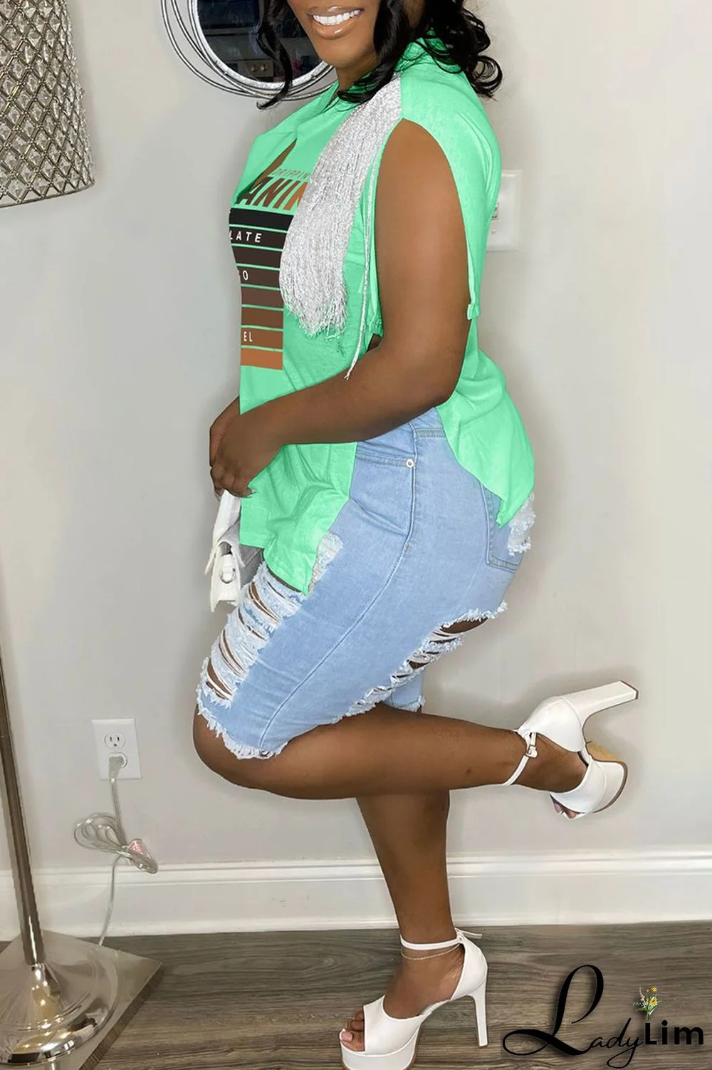 Rose Red Casual Letter Print Tassel Patchwork V Neck T-Shirts