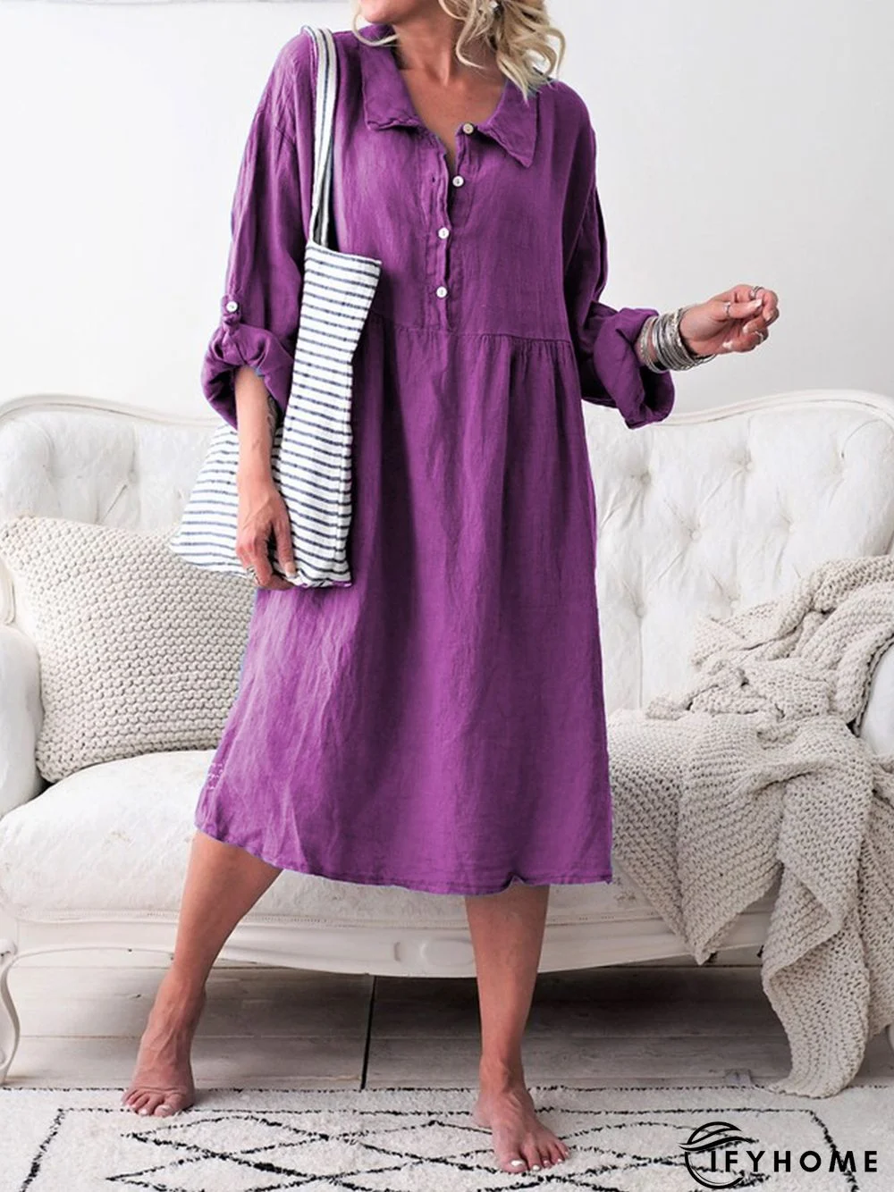Women Summer Convertible Long Sleeve Buttoned Loose Weaving Dress | IFYHOME