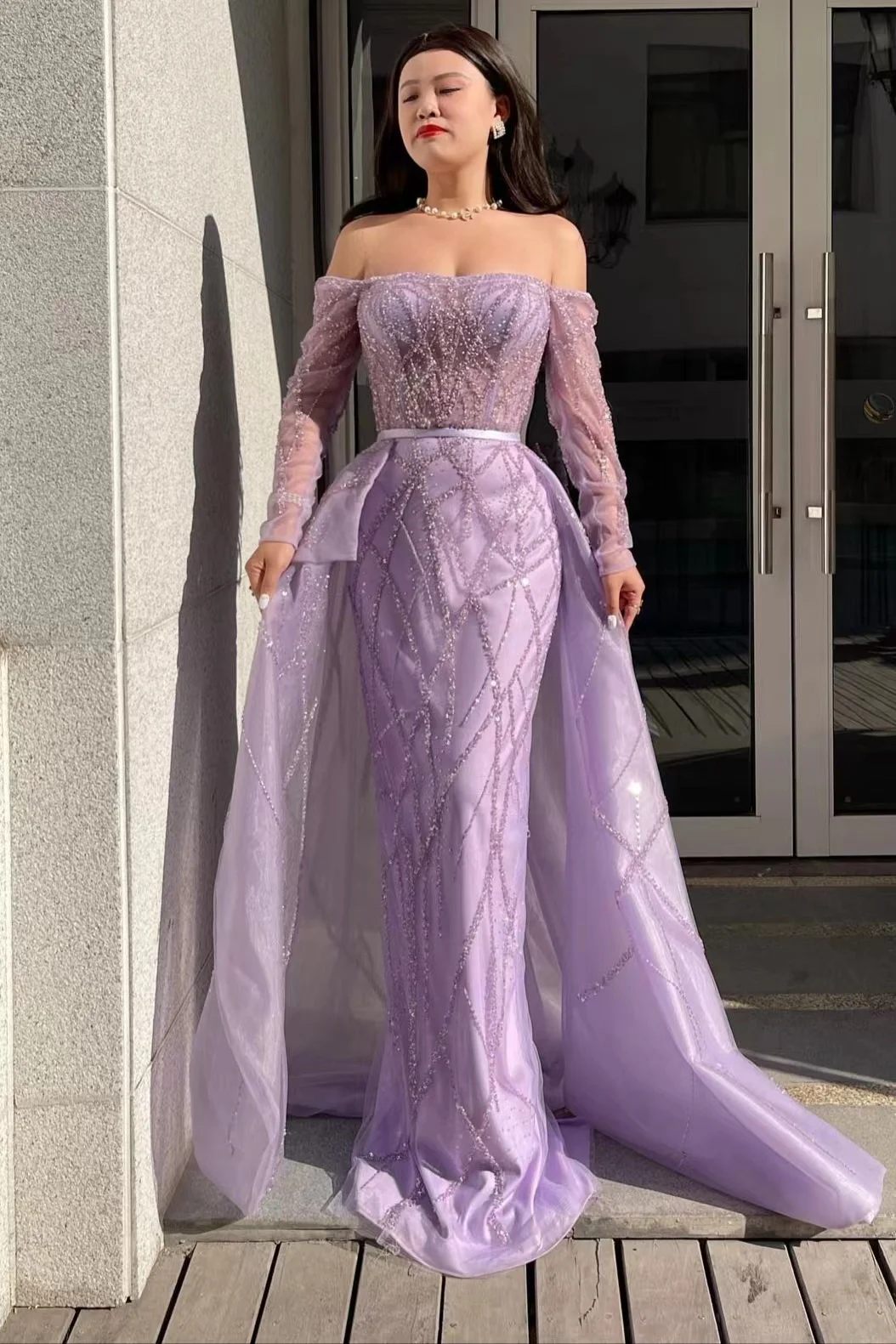 Miabel Lilac Long Sleeves Tulle Prom Dress Off-The-Shoulder Mermaid With Beads
