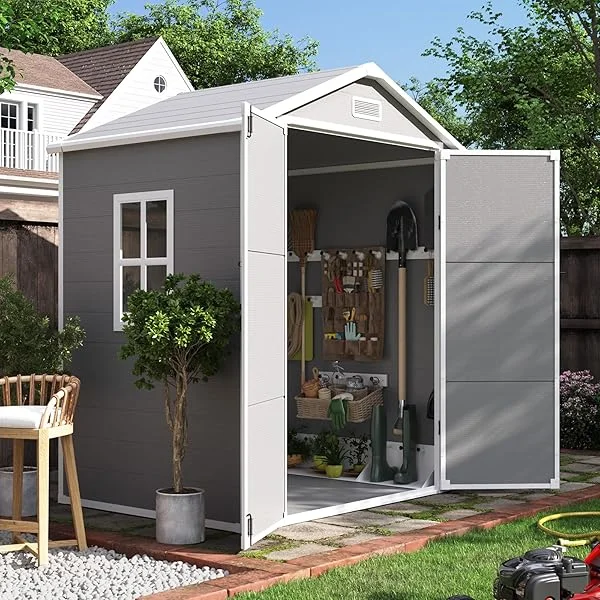 Outdoor Resin Storage Shed 6x4.5 FT, Plastic Garden Shed for Bike, Garbage Can, Tool, Outside Sheds & Outdoor Storage Storage Box with Lockable Door for Backyard, Patio, Lawn, Grey & White