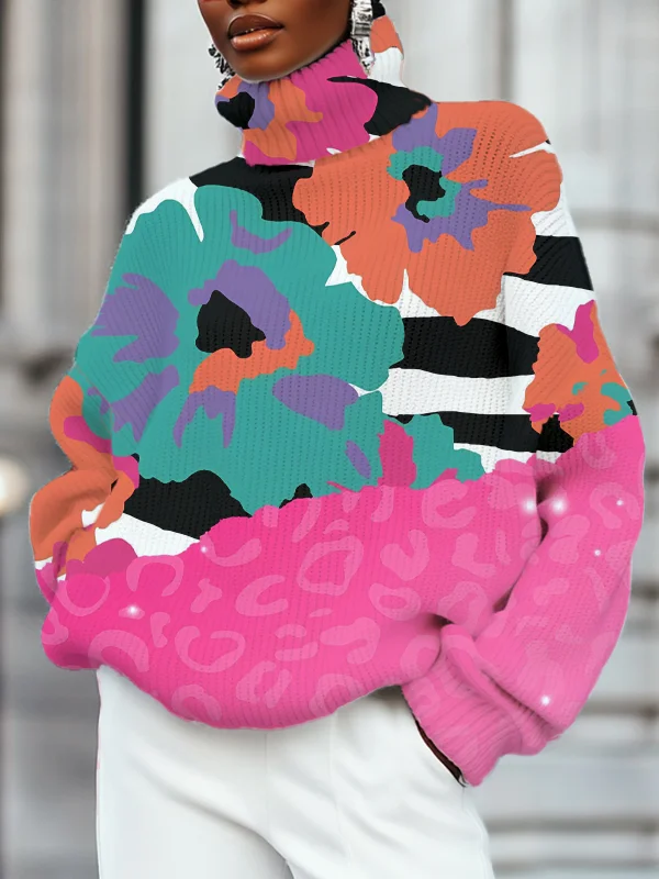 Women's Colorful Floral Leopard Art Print High Neck Knit Sweatshirt