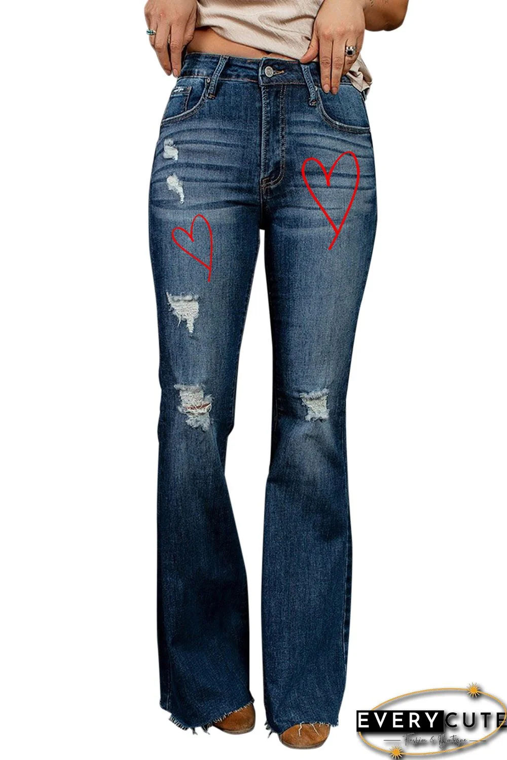 Heart Print Ripped Bell Jeans