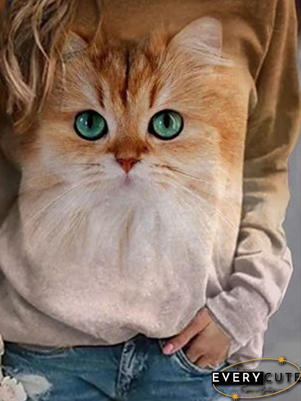 Brown Cat Printed Casual Long Sleeve Shift Tops
