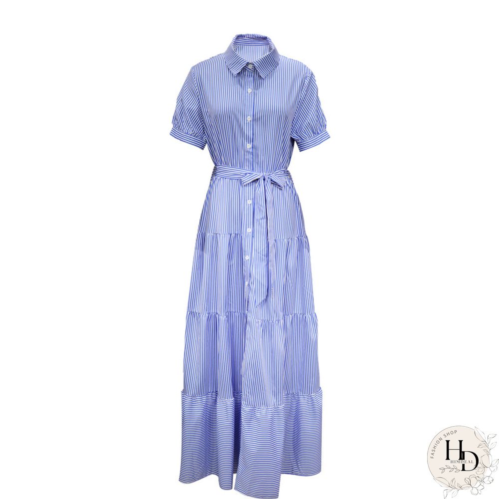 Fashion Stripe Short Sleeve Loose Medium Length Dress