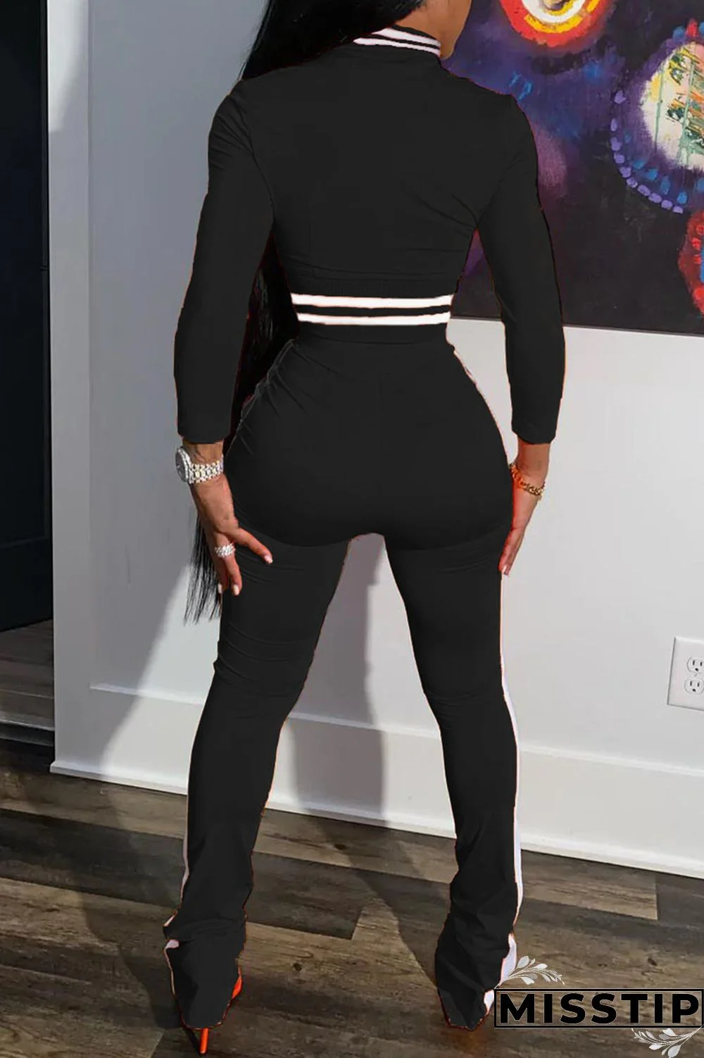 Black Casual Solid Patchwork Zipper Long Sleeve Two Pieces