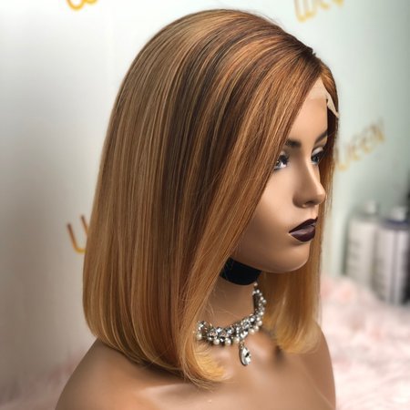 WEQUEEN Custom Bob Straight Ombre Bright Blonde Lace Closure Wig Pre Bleached Knots
