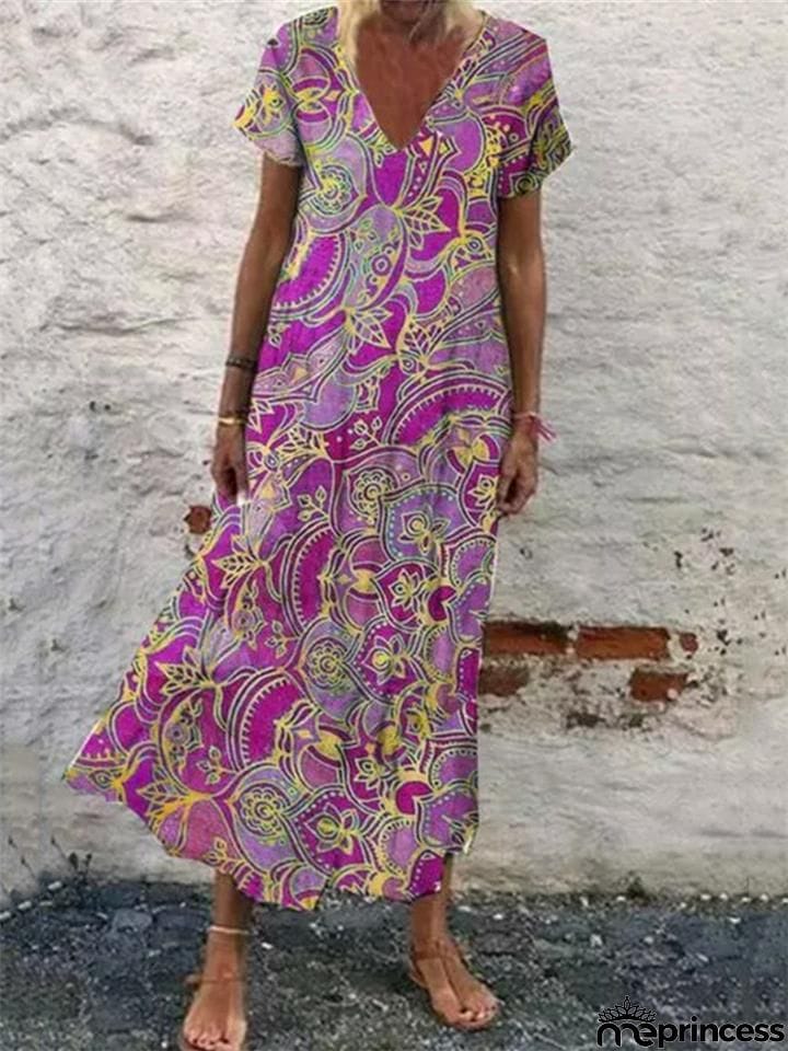 Relaxed Fit V Neck Floral Printed Short Sleeve Pullover Dress