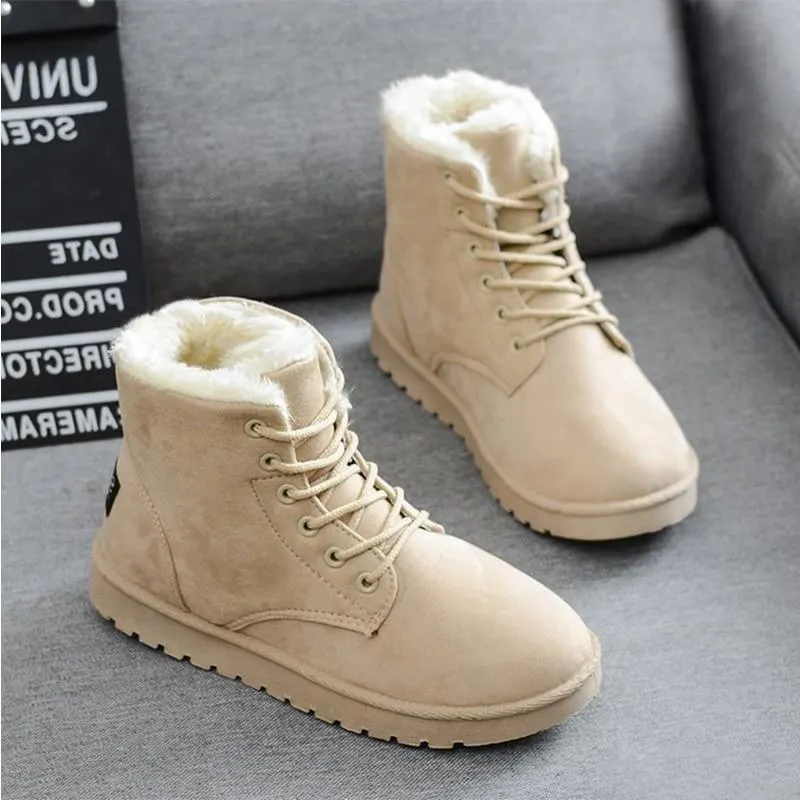 Women Snow Boots Flat Lace Up Winter Plus Size Platform Ladies Warm Shoes 2021 New Flock Fur Women's Suede Ankle Boots Female 1109