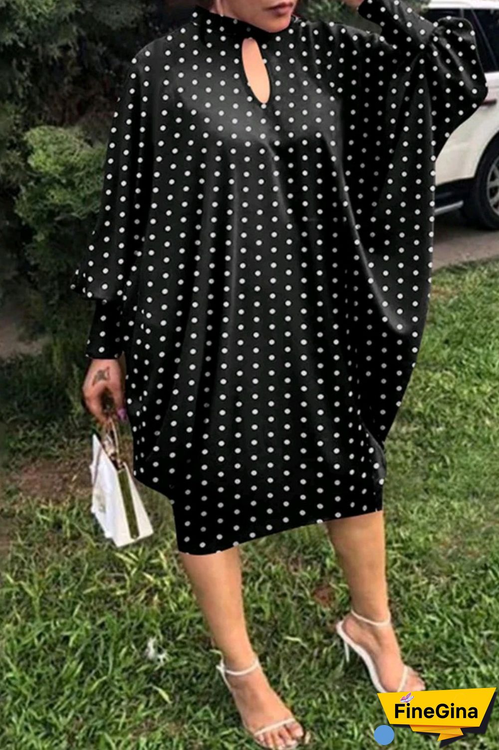 Black Casual Dot Print Hollowed Out Half A Turtleneck Long Sleeve Plus Size Dresses