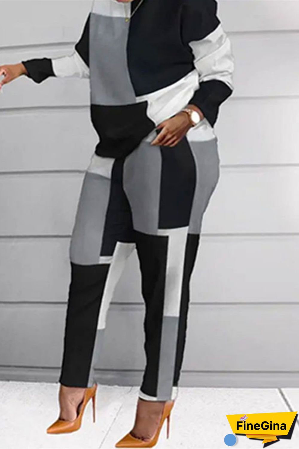 Blue Fashion Casual Print Patchwork O Neck Long Sleeve Two Pieces