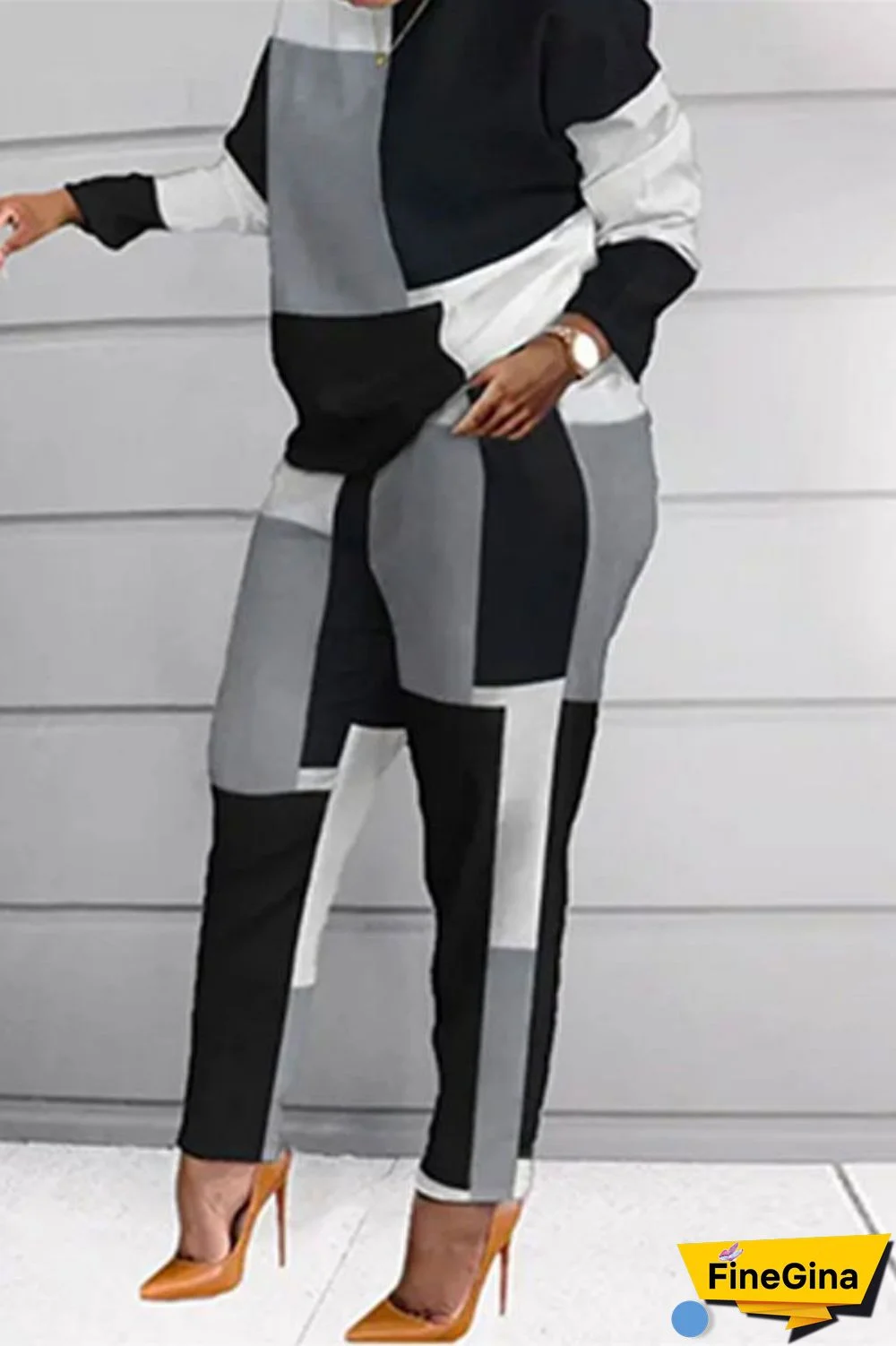 Blue Fashion Casual Print Patchwork O Neck Long Sleeve Two Pieces